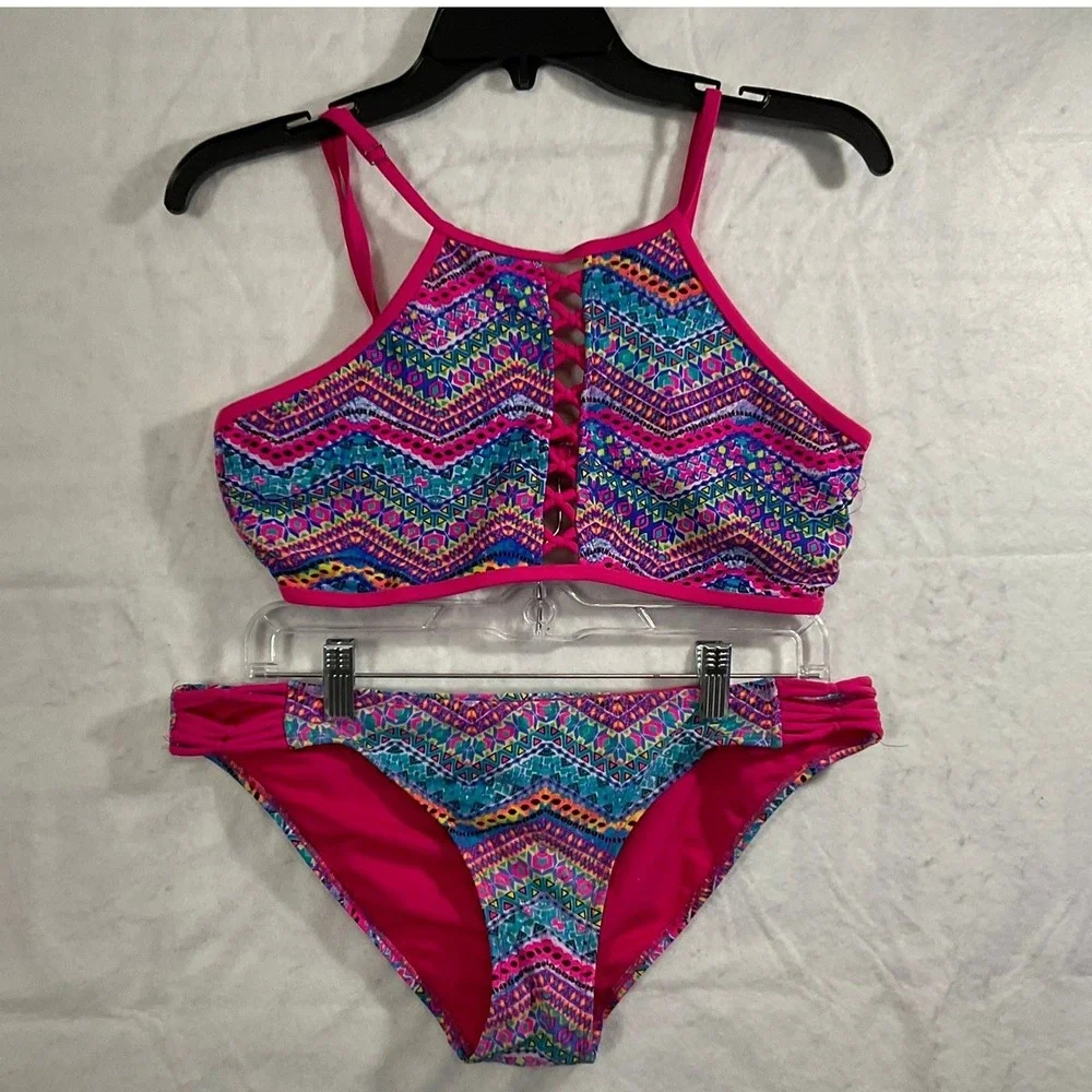 Coral Tropics Bikini Set Womens Large Pink Geometric Lattice Lace Up Swimwear